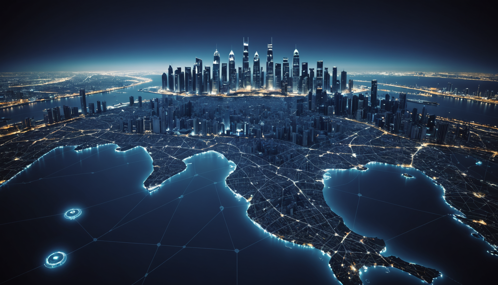 A shadowy, digitally-rendered financial network map in midnight blue, with cash flows emanating from a glowing Doha skyline, surrounded by blurred silhouettes representing covert actors and shell companies. The image has a high-tech, investigative feel, with an ominous, urgent atmosphere.