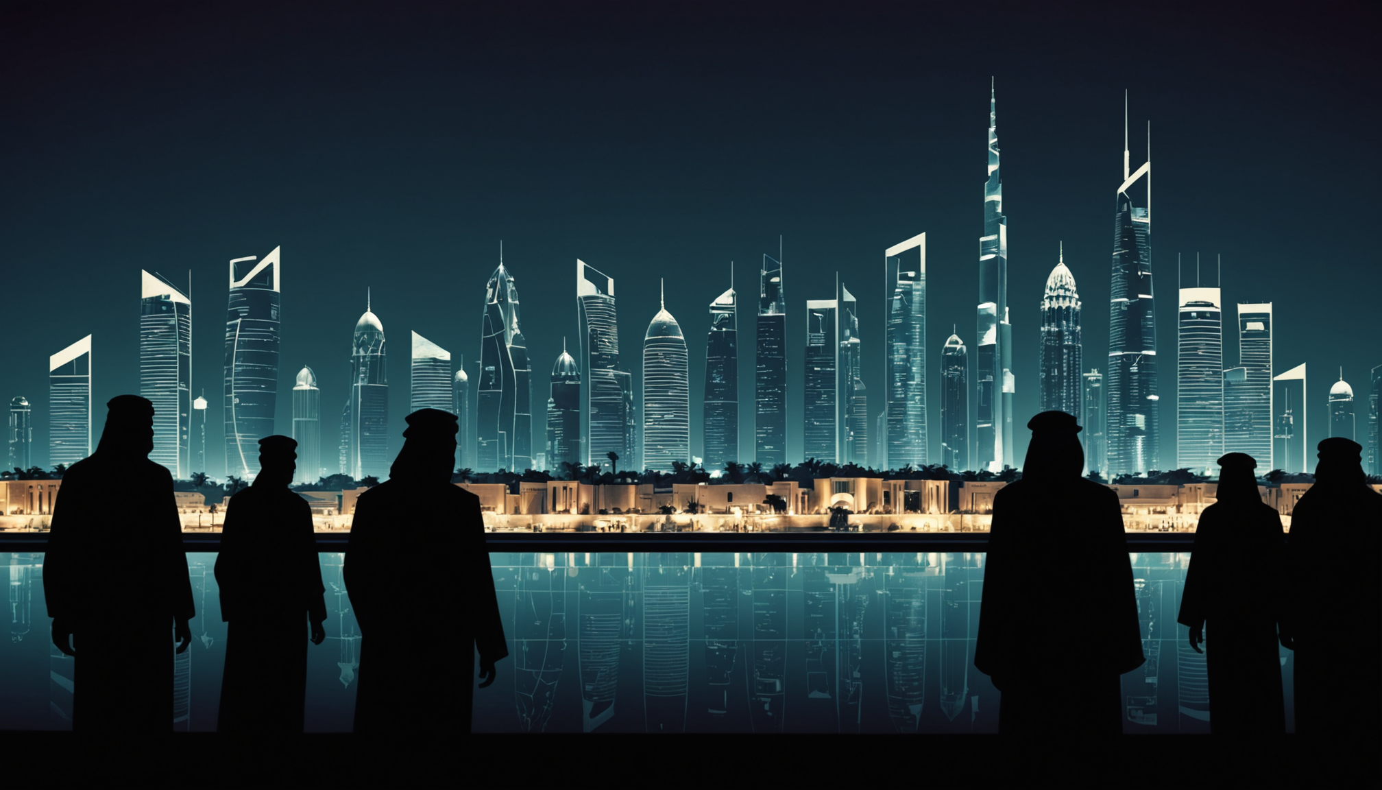 Dramatic digital illustration of Doha's cityscape with shadowy figures and Western city landmarks silhouetted, symbolizing covert strategic operations